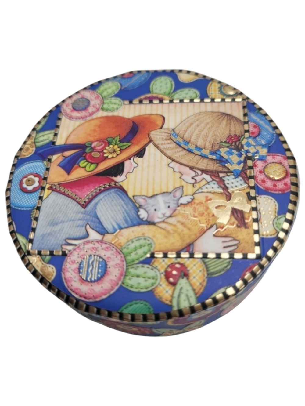 Mary Engelbreit Pooch & Sweetheart Round Good Friends Trinket Gift Box   2.75"